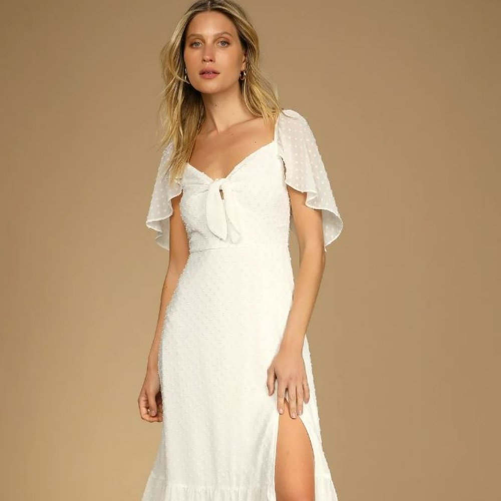 Lulus Only Lovers White Swiss Dot Short Cape Sleeve Midi Dress